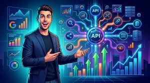 Gráfico que muestra un flujo de trabajo SEO automatizado con APIs, conectando Google Search Console, Google Analytics y herramientas de análisis.