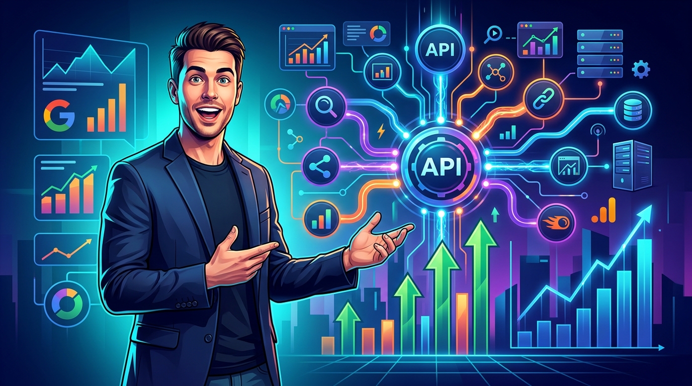 Automatización SEO con APIs: Potencia tu Estrategia Digital Gráfico que muestra un flujo de trabajo SEO automatizado con APIs, conectando Google Search Console, Google Analytics y herramientas de análisis.