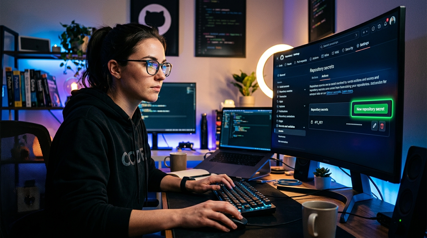 Cómo configurar GitHub Secrets para proteger tus datos sensibles Interfaz de GitHub mostrando cómo configurar secretos en un repositorio.