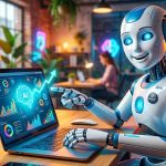 Un robot asistente con un portátil y gráficos de IA, simbolizando cómo integrar IA en tu MVP con herramientas accesibles.