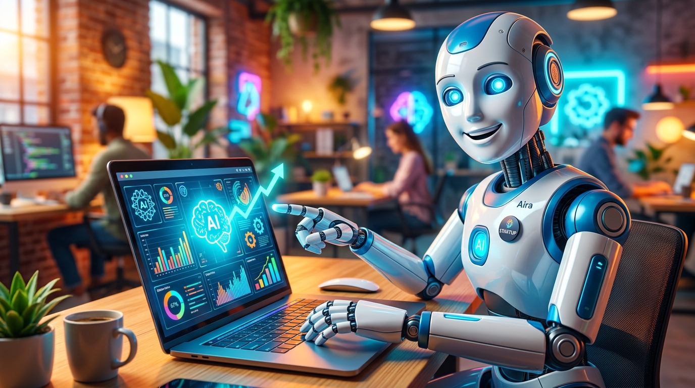 Un robot asistente con un portátil y gráficos de IA, simbolizando cómo integrar IA en tu MVP con herramientas accesibles.