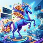 Ilustración abstracta de un unicornio con elementos de pizza y código Flutter flotando alrededor, simbolizando la magia y eficiencia del desarrollo de apps multiplataforma con Flutter.