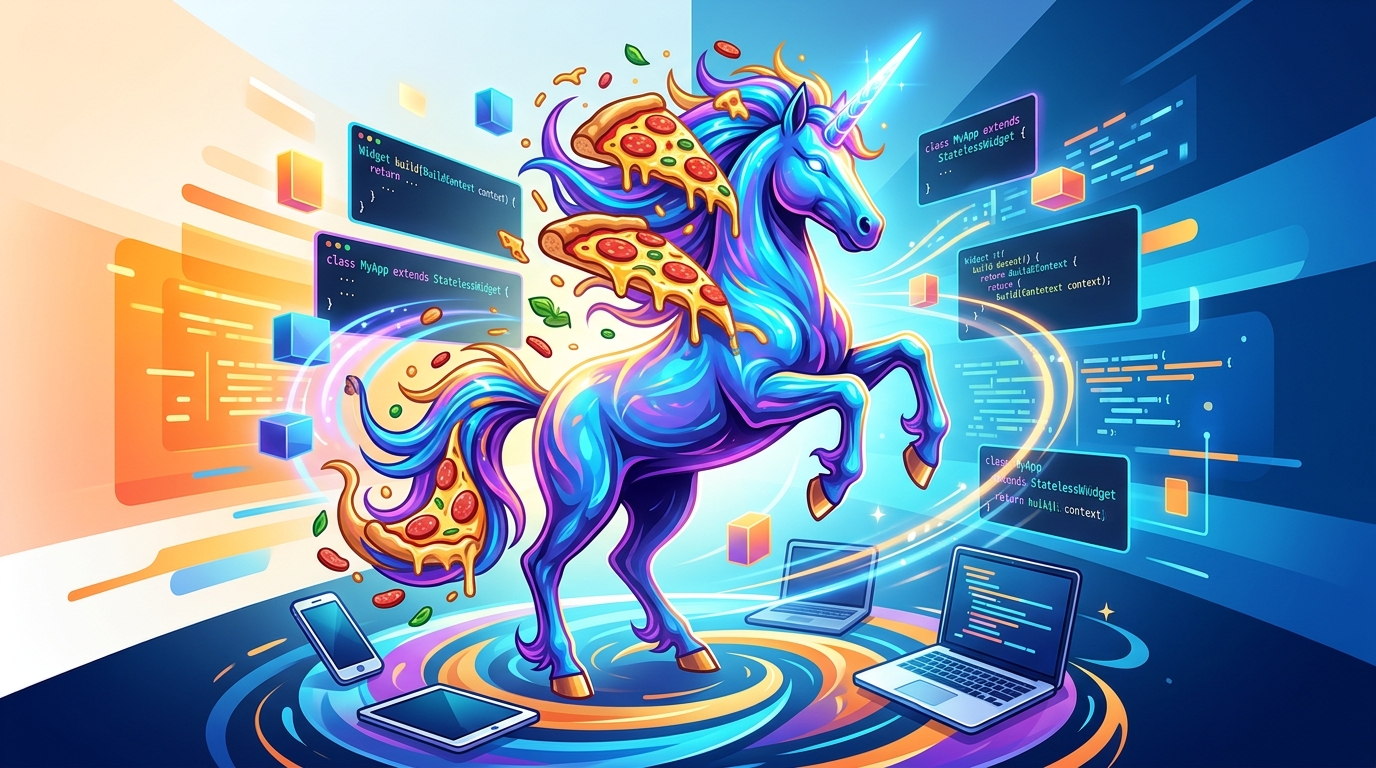 Ilustración abstracta de un unicornio con elementos de pizza y código Flutter flotando alrededor, simbolizando la magia y eficiencia del desarrollo de apps multiplataforma con Flutter.