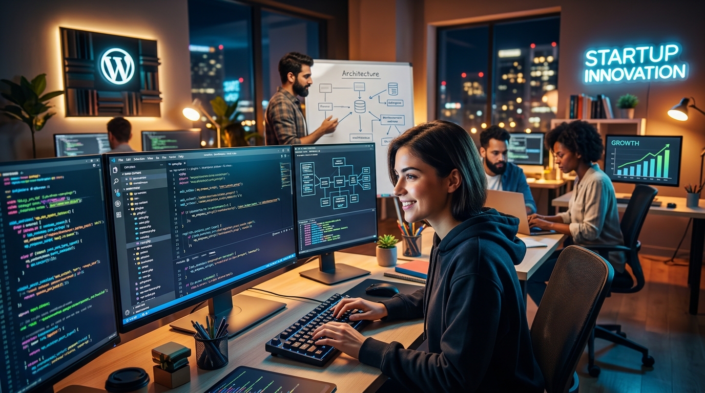 Equipo de desarrollo trabajando en código de plugin WordPress personalizado para una startup