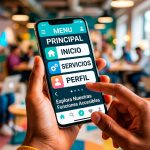 Persona usando una aplicación móvil con elementos de accesibilidad como texto grande y alto contraste.