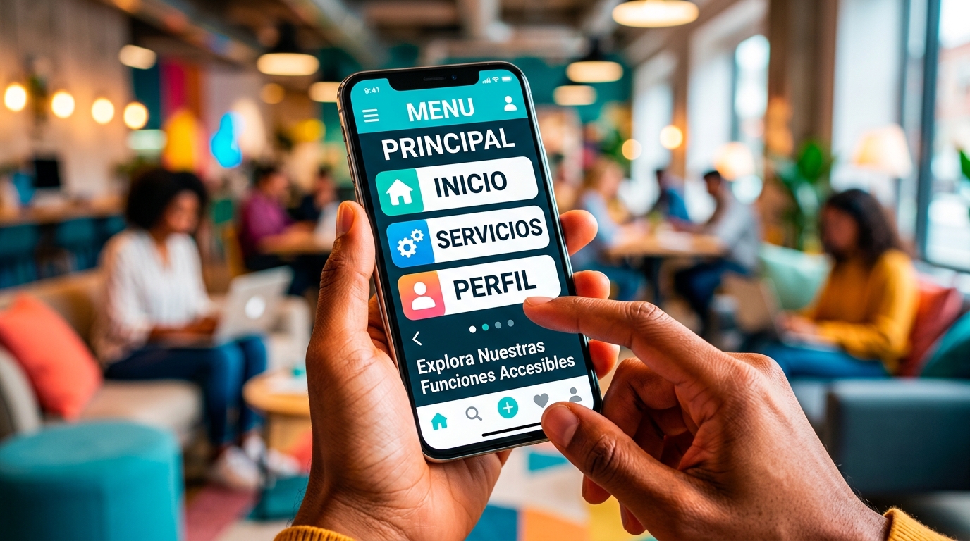 Persona usando una aplicación móvil con elementos de accesibilidad como texto grande y alto contraste.