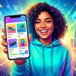 Una aplicación móvil de e-commerce moderna construida con Flutter, mostrada en un smartphone con elementos de diseño de UI y un sutil logo de WordPress en el fondo. Destaca una cesta de la compra.