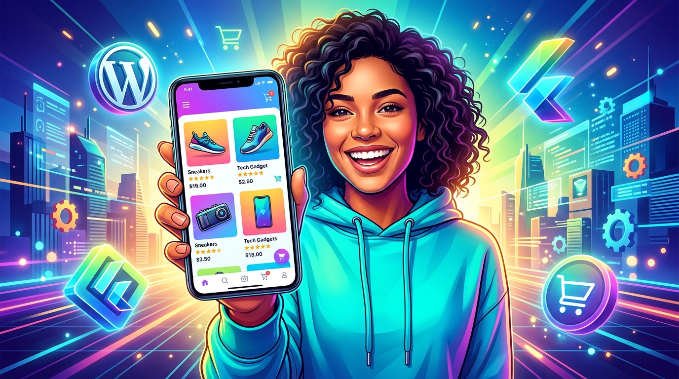 Una aplicación móvil de e-commerce moderna construida con Flutter, mostrada en un smartphone con elementos de diseño de UI y un sutil logo de WordPress en el fondo. Destaca una cesta de la compra.