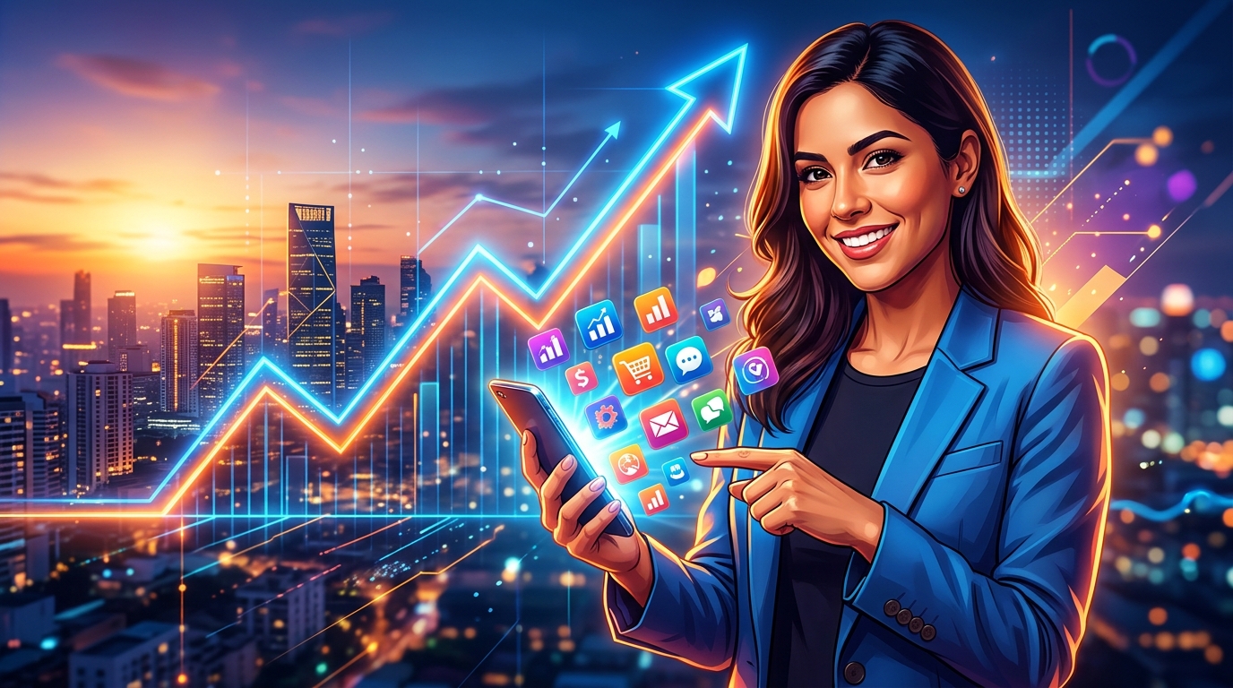 El Salto Digital: Las Claves de una App Móvil para tu Negocio Iconos de aplicaciones móviles flotando alrededor de un smartphone con un gráfico de crecimiento, simbolizando las ventajas de una app para un negocio.