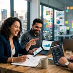 Un equipo de desarrollo digital colaborando en un proyecto de startup, simbolizando la elección de un socio estratégico.