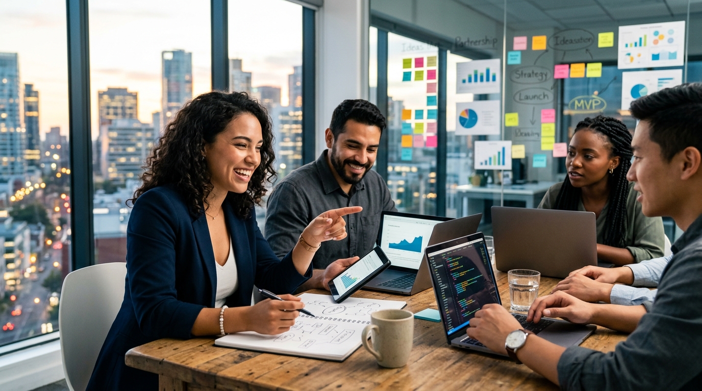 Un equipo de desarrollo digital colaborando en un proyecto de startup, simbolizando la elección de un socio estratégico.