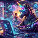 Un unicornio con gafas de sol trabajando en un portátil con gráficos de IA flotando alrededor, simbolizando una estrategia de IA inteligente para startups.