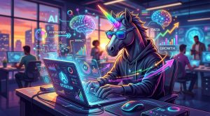 Un unicornio con gafas de sol trabajando en un portátil con gráficos de IA flotando alrededor, simbolizando una estrategia de IA inteligente para startups.