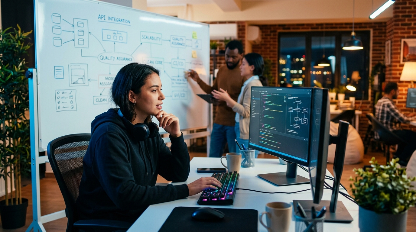 Equipo de desarrollo de startup trabajando en código limpio y eficiente, simbolizando la gestión de deuda técnica