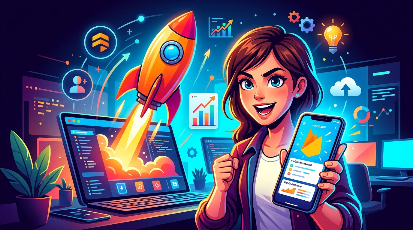 Firebase para Startups: Guía Definitiva para Tu Primera App Panel de control de Firebase mostrando un gráfico de uso con un cohete despegando y logotipos de startups alrededor.