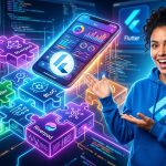 Varias estrategias de gestión de estado en Flutter representadas como piezas de un puzzle encajando en el logo de Flutter, simbolizando la construcción de una app escalable y robusta.