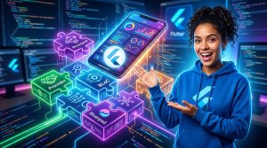 Varias estrategias de gestión de estado en Flutter representadas como piezas de un puzzle encajando en el logo de Flutter, simbolizando la construcción de una app escalable y robusta.