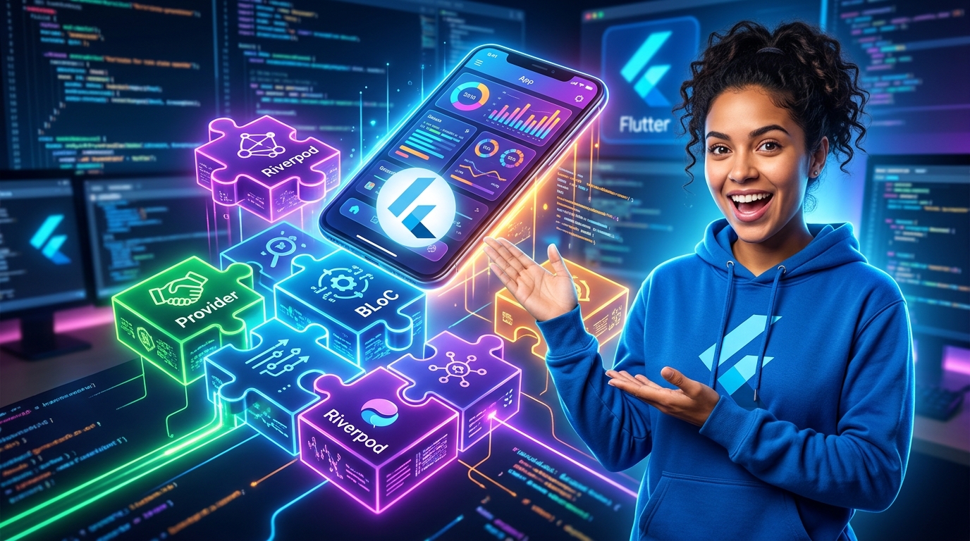 Gestión de Estado en Flutter: Guía para Elegir tu Estrategia Ideal Varias estrategias de gestión de estado en Flutter representadas como piezas de un puzzle encajando en el logo de Flutter, simbolizando la construcción de una app escalable y robusta.