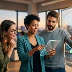 Equipo de startup discutiendo la integración ética de IA en un entorno de oficina moderno