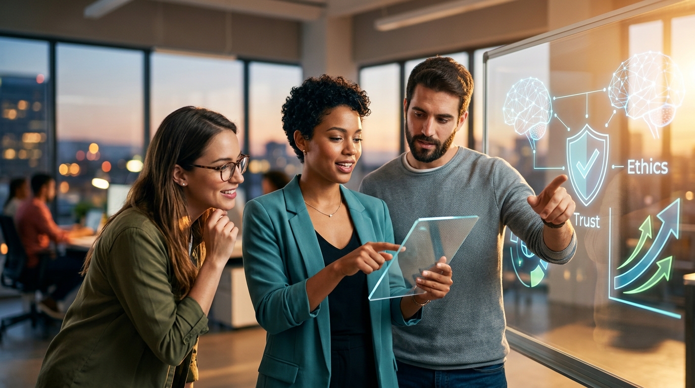 IA Responsable para Startups: Cómo Construir un Futuro Ético y Sostenible Equipo de startup discutiendo la integración ética de IA en un entorno de oficina moderno