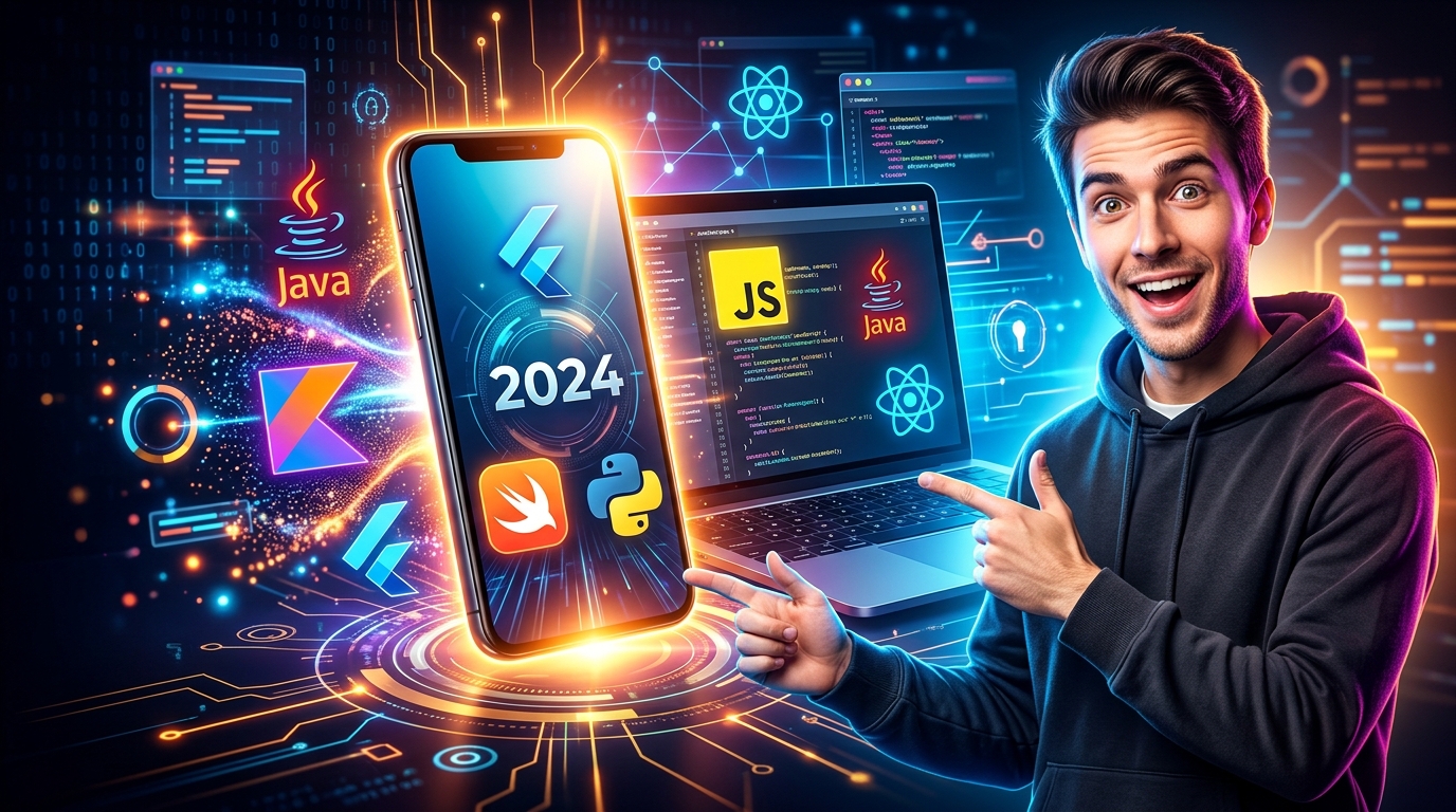 Lenguajes de Desarrollo de Aplicaciones: ¿Cuáles usar en 2024? Representación visual de varios logotipos de lenguajes de programación (Java, Kotlin, Swift, Python, JavaScript, Flutter) flotando alrededor de un smartphone y un portátil, simbolizando el desarrollo de aplicaciones multiplataforma.