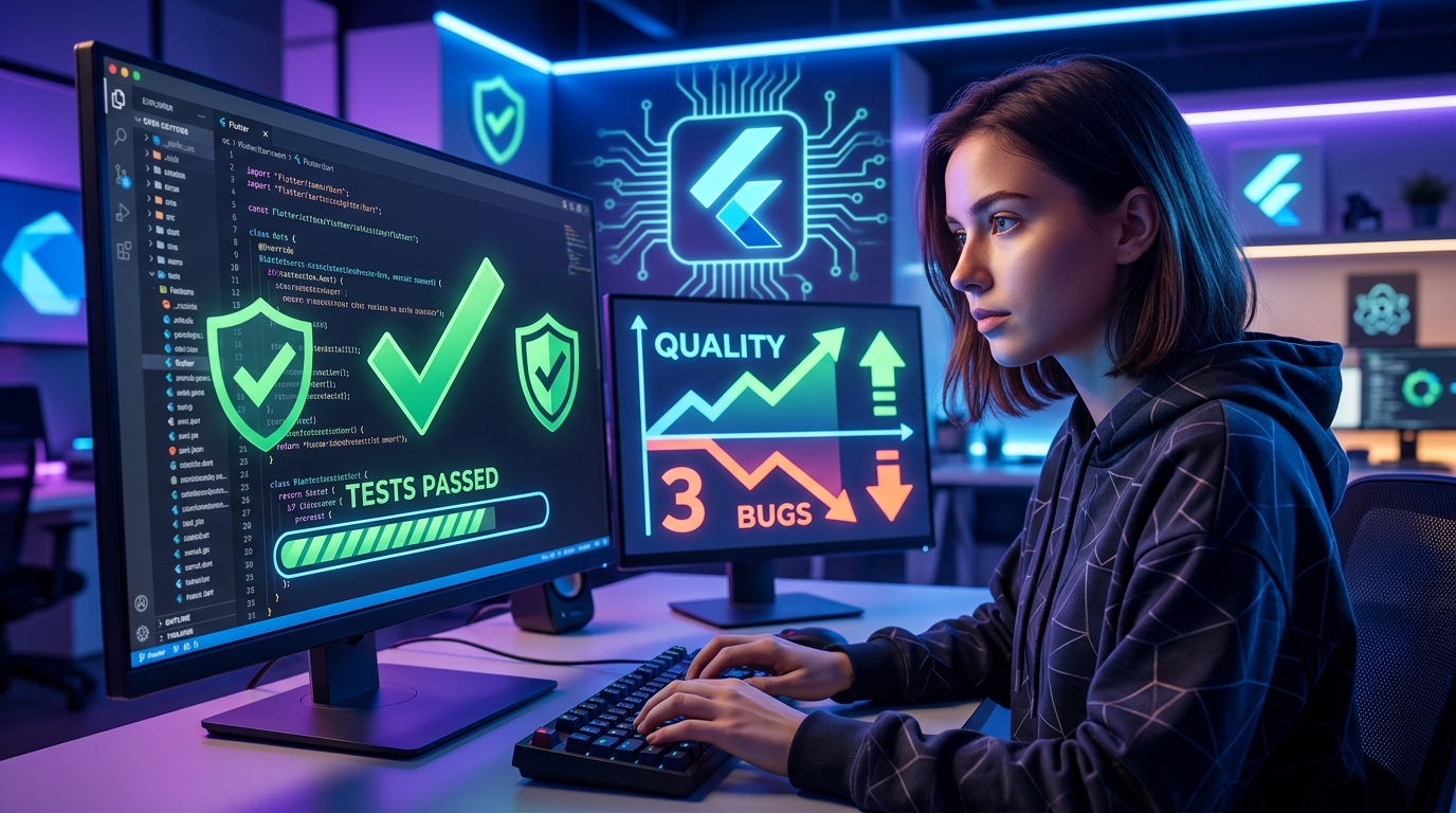 Potencia tu App Flutter con Testing Automatizado: Guía para Startups Ilustración de un desarrollador trabajando en una app Flutter, con símbolos de pruebas automatizadas y un gráfico de calidad de código en segundo plano.