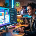 Un desarrollador trabajando en código Flutter con la interfaz de una aplicación móvil multiplataforma visible en la pantalla. Iconos de iOS y Android flotando alrededor.