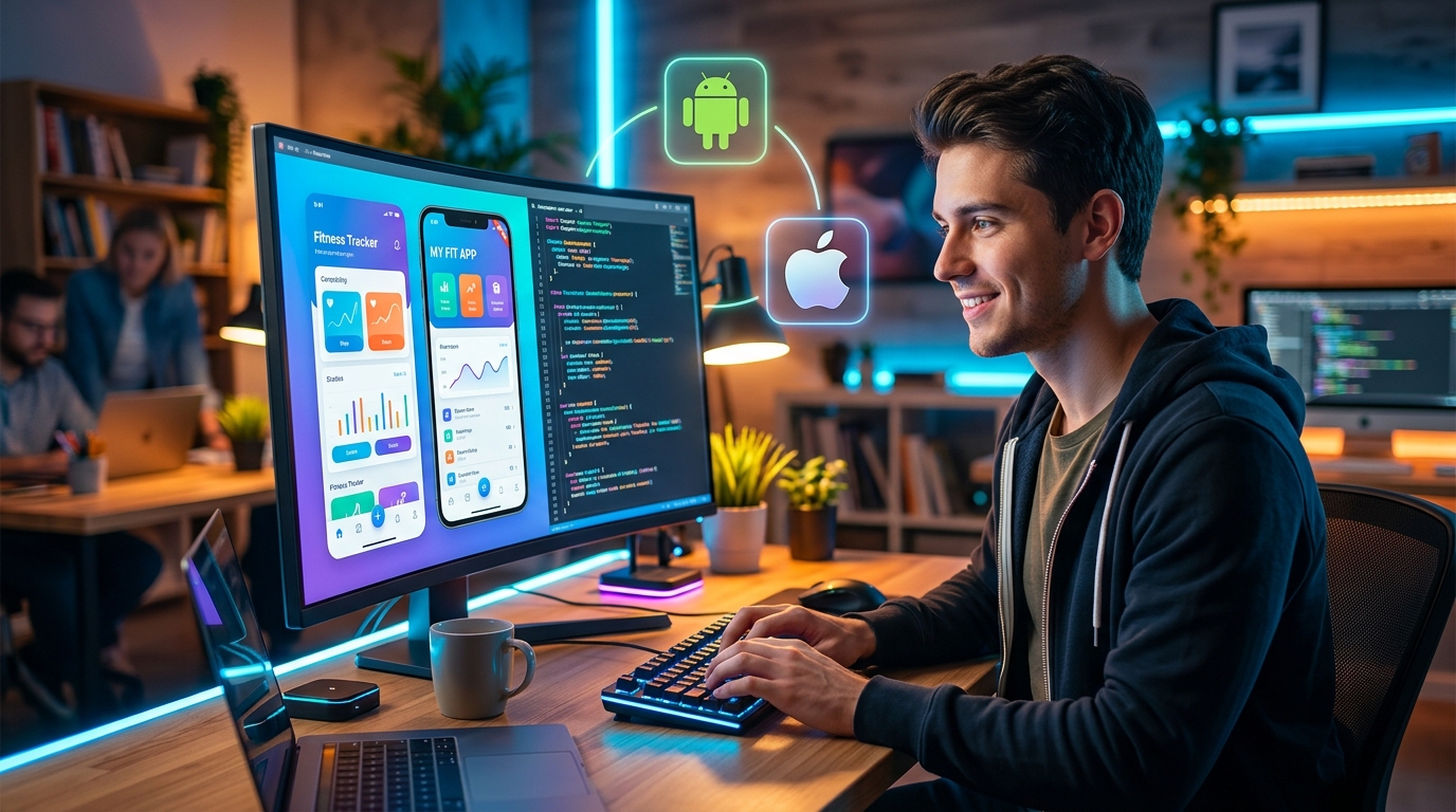 Un desarrollador trabajando en código Flutter con la interfaz de una aplicación móvil multiplataforma visible en la pantalla. Iconos de iOS y Android flotando alrededor.
