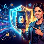 Ilustración de un escudo protegiendo un smartphone, simbolizando la seguridad en aplicaciones móviles para startups y fundadores.