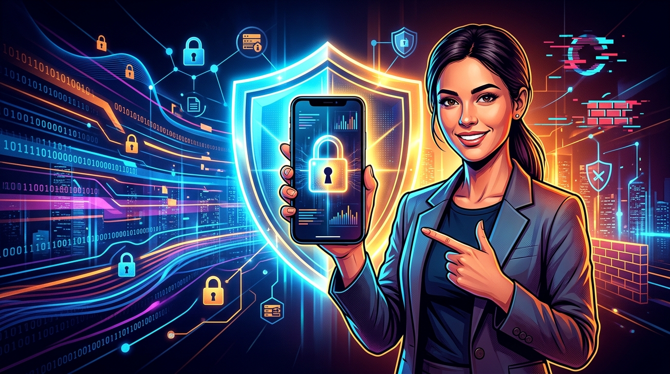Ilustración de un escudo protegiendo un smartphone, simbolizando la seguridad en aplicaciones móviles para startups y fundadores.