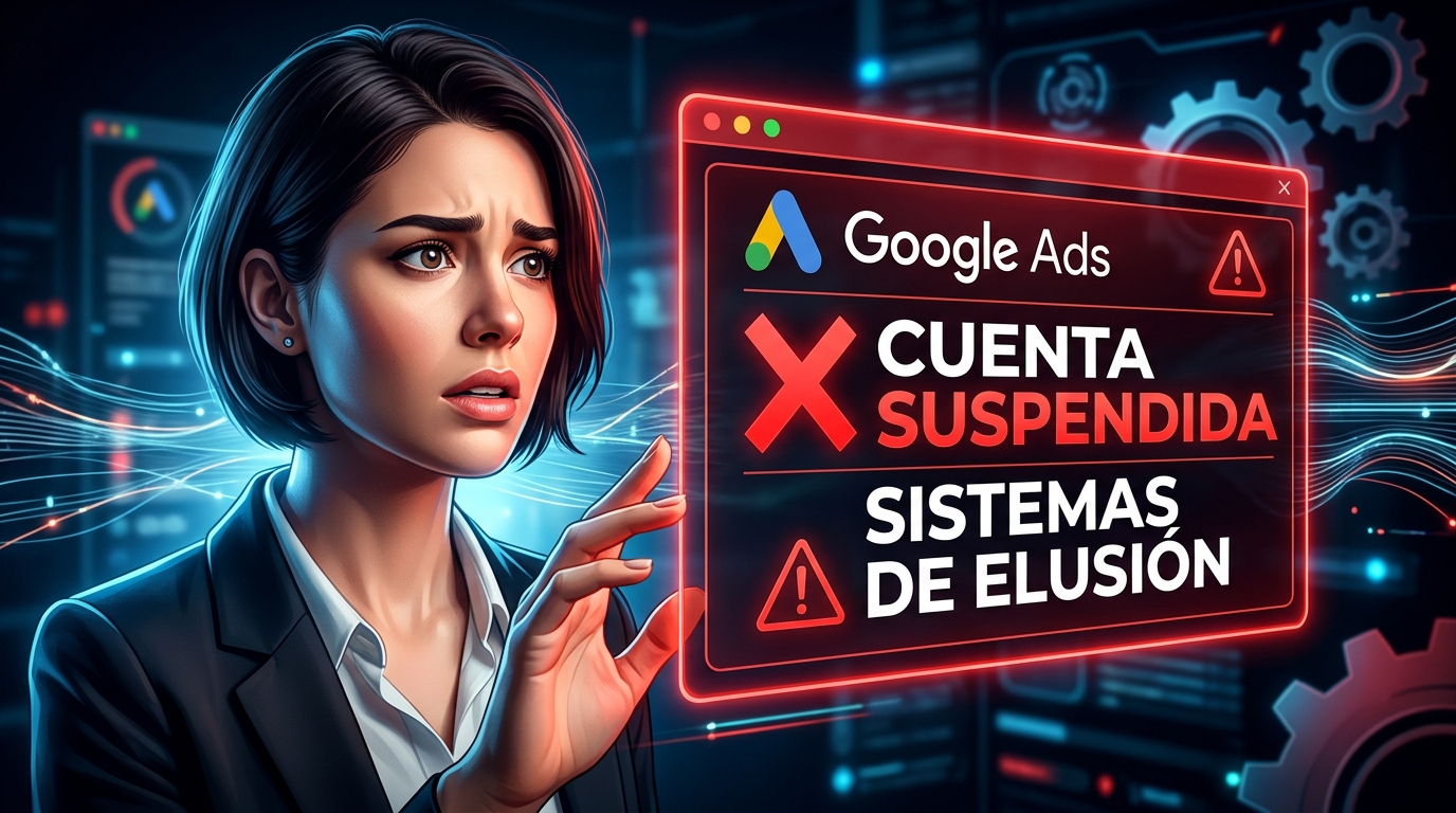 Suspensión Google Ads por Sistemas de Elusión: Guía Completa para Entender y Actuar Gráfico con el logo de Google Ads y una señal de 'stop' o 'cuenta suspendida', representando la suspensión de una cuenta por políticas de elusión.