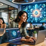 Equipo de startup trabajando en un entorno digital, con gráficos de crecimiento y el logo de WordPress en el fondo, simbolizando una plataforma robusta y escalable.