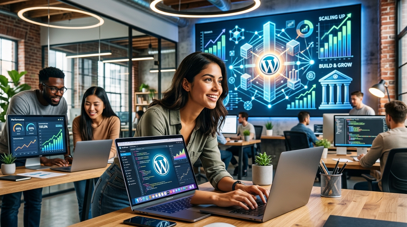 Equipo de startup trabajando en un entorno digital, con gráficos de crecimiento y el logo de WordPress en el fondo, simbolizando una plataforma robusta y escalable.