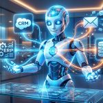 Un robot o agente IA interactuando con un complejo ecosistema de herramientas de negocio representadas por iconos de software, con flechas de integración y flujos de datos.