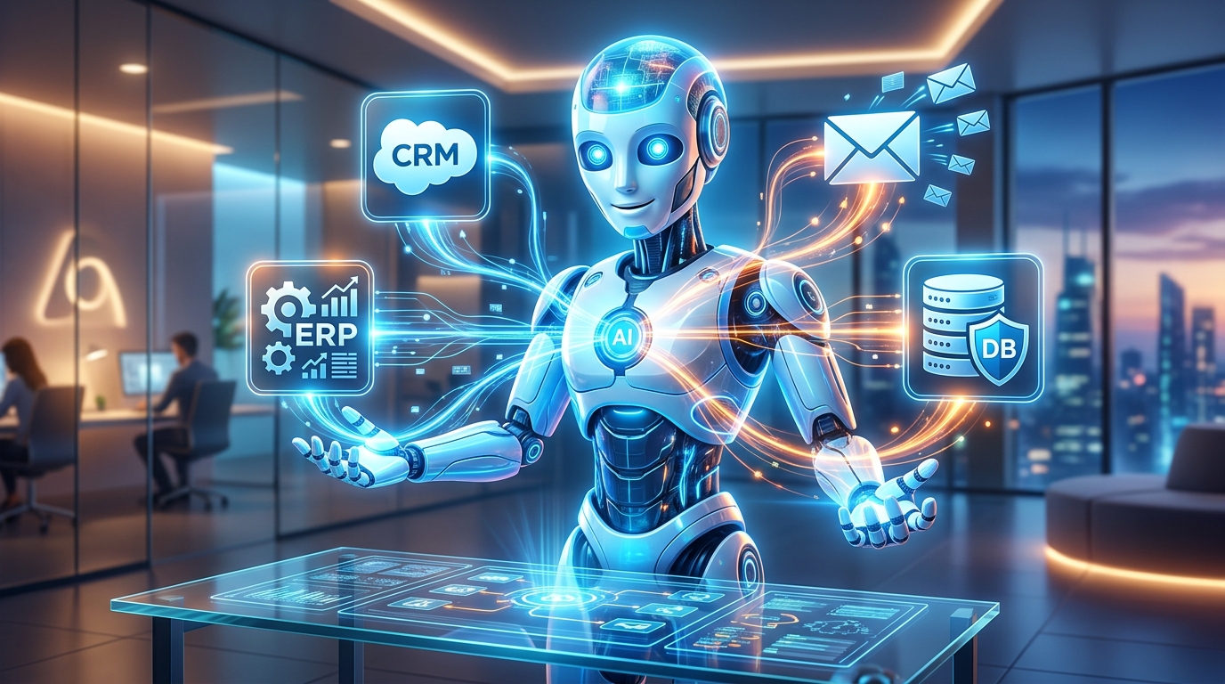 Un robot o agente IA interactuando con un complejo ecosistema de herramientas de negocio representadas por iconos de software, con flechas de integración y flujos de datos.
