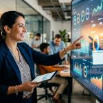 Un gerente de PYME sonriendo mientras visualiza un dashboard interactivo con gráficos y datos claros, simbolizando la toma de decisiones estratégicas gracias a la analítica inteligente con IA.