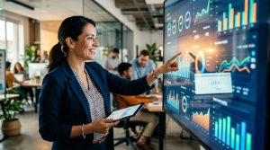 Un gerente de PYME sonriendo mientras visualiza un dashboard interactivo con gráficos y datos claros, simbolizando la toma de decisiones estratégicas gracias a la analítica inteligente con IA.