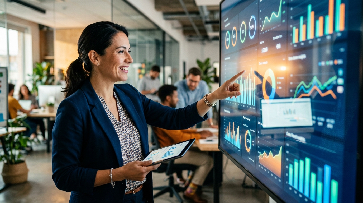 Analítica Inteligente con IA para PYMES: Transforma tus Datos en Decisiones Estratégicas Un gerente de PYME sonriendo mientras visualiza un dashboard interactivo con gráficos y datos claros, simbolizando la toma de decisiones estratégicas gracias a la analítica inteligente con IA.