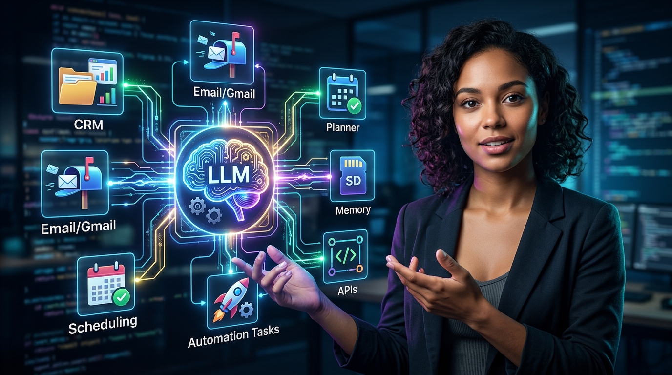 Arquitectura Agentes IA Herramientas: La Guía Definitiva para Automatizar de Verdad Diagrama de la arquitectura de un agente IA conectando Large Language Models (LLMs) con herramientas externas (APIs, bases de datos) para automatizar procesos de negocio. Se ven nodos representando el LLM (cerebro), el planificador, la memoria y varias herramientas con iconos de CRM, email, base de datos.