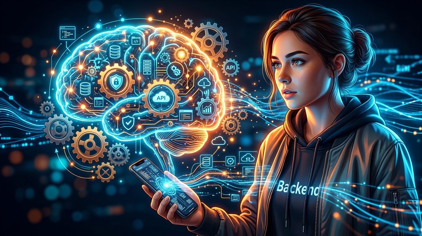 Ilustración de un cerebro digital con engranajes y conexiones, simbolizando la complejidad de la elección del backend para una aplicación móvil o web.