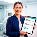 Tablet mostrando una app a medida para clínicas de salud con iconos de citas, historiales y telemedicina, en un entorno clínico moderno
