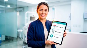 Tablet mostrando una app a medida para clínicas de salud con iconos de citas, historiales y telemedicina, en un entorno clínico moderno