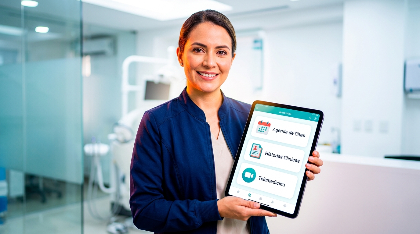 Tablet mostrando una app a medida para clínicas de salud con iconos de citas, historiales y telemedicina, en un entorno clínico moderno