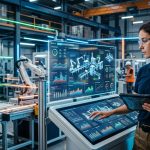 Un ingeniero supervisando un panel de control digital avanzado en una fábrica moderna, simbolizando la digitalización industrial software a medida.