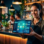 Tablet mostrando una aplicación de gestión de restaurante con pedidos y mesas en una barra de bar moderna.