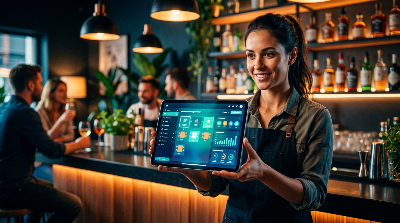 Tablet mostrando una aplicación de gestión de restaurante con pedidos y mesas en una barra de bar moderna.