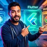 Comparativa de desarrollo de apps: Flutter, App Nativa y Web App, con iconos representativos de cada tecnología y un tablero de decisiones para elegir la mejor opción para un negocio.