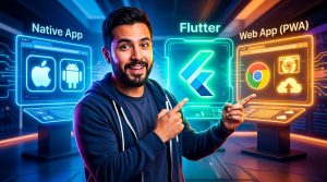 Comparativa de desarrollo de apps: Flutter, App Nativa y Web App, con iconos representativos de cada tecnología y un tablero de decisiones para elegir la mejor opción para un negocio.