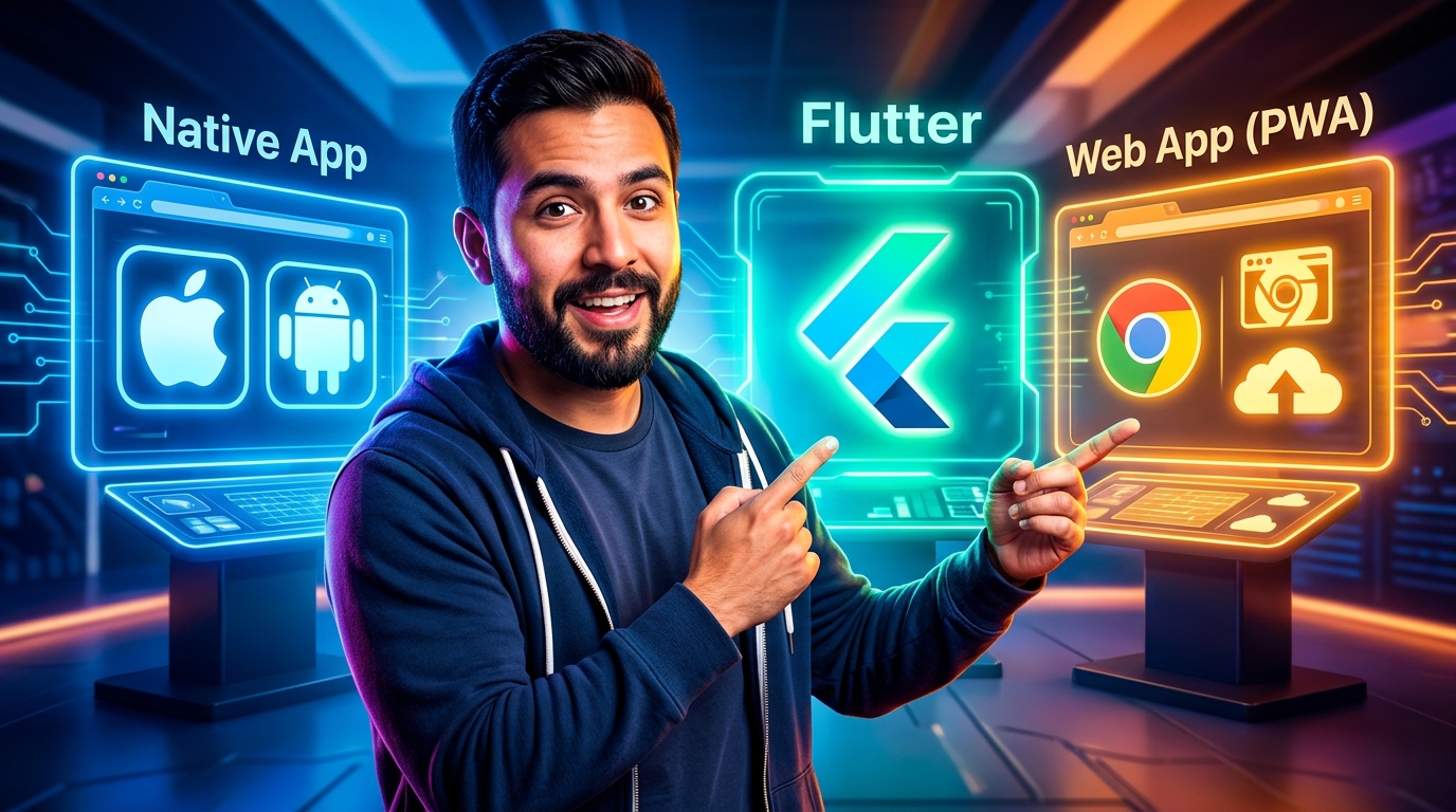 Comparativa de desarrollo de apps: Flutter, App Nativa y Web App, con iconos representativos de cada tecnología y un tablero de decisiones para elegir la mejor opción para un negocio.