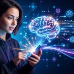 Una aplicación móvil con un cerebro abstracto brillando en el centro, simbolizando la inteligencia artificial avanzada. Fondo con iconos de datos y automatización.